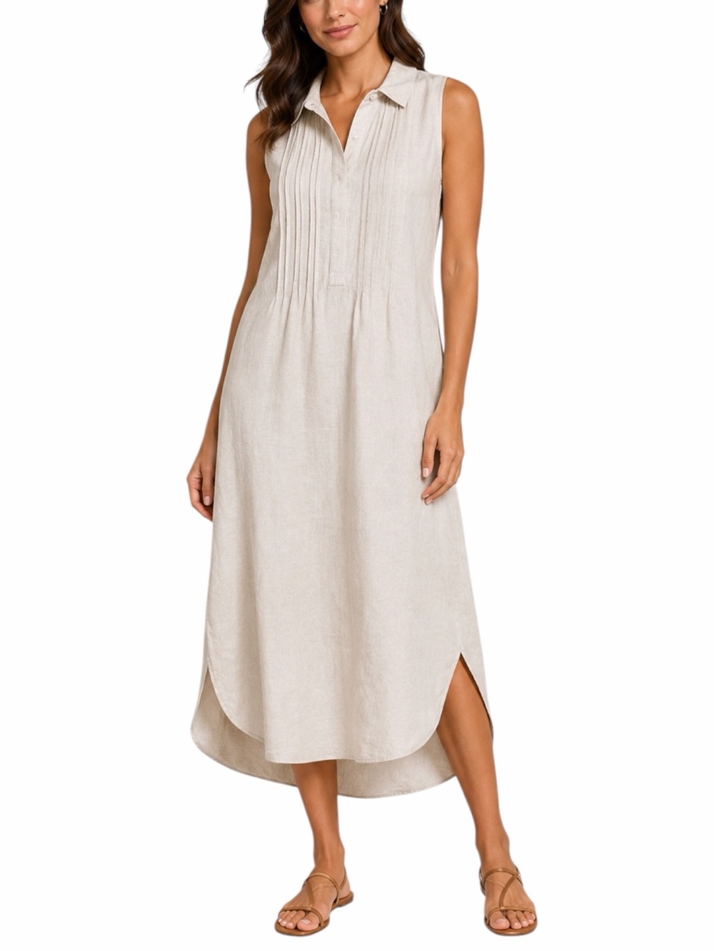 Malvin Beige Linen Midi Dress Women’s Size S Sleeveless Collared Neutral Coastal